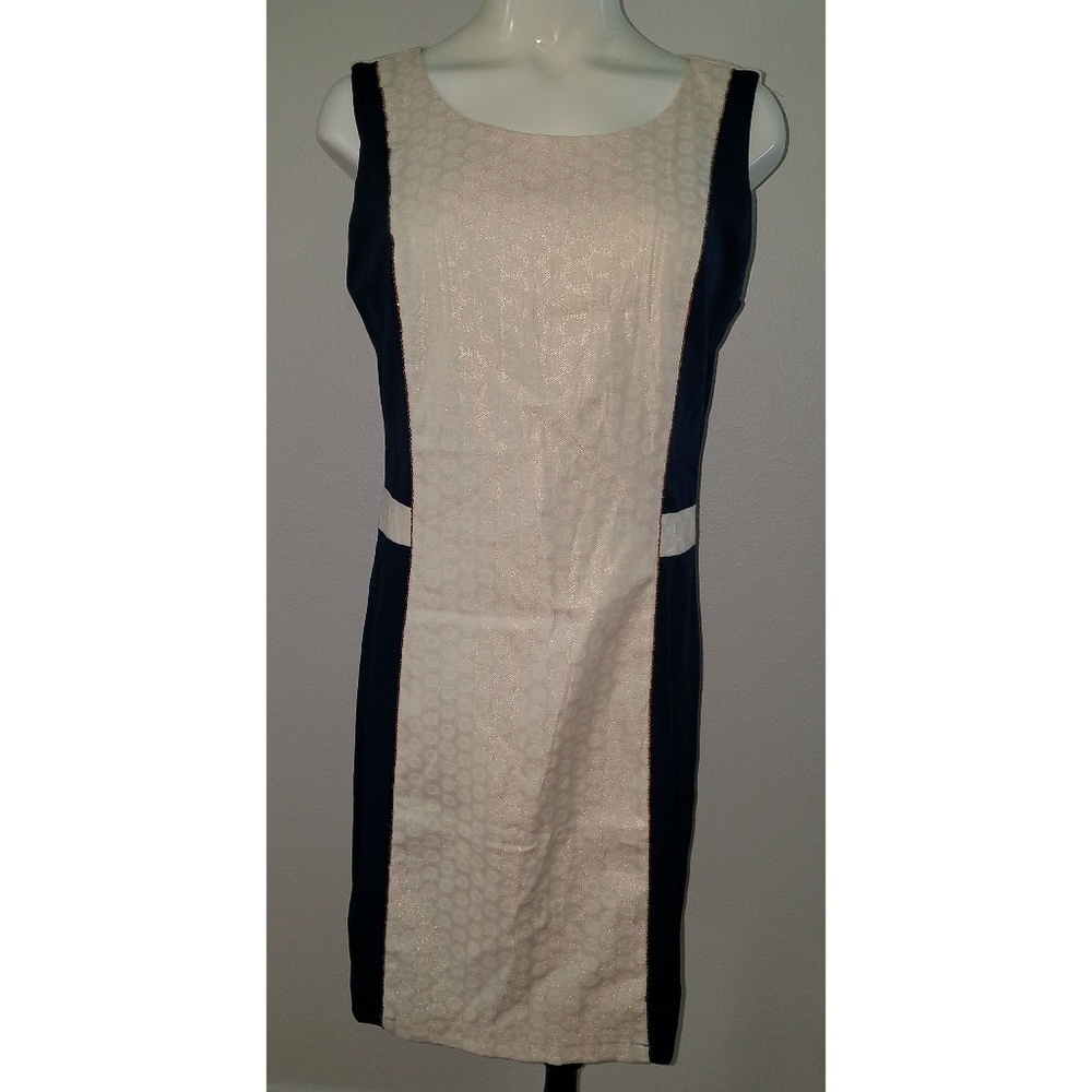 NWT John Fashion Sheath Dress Sz Large Sleeveless Career Navy Blue Cream